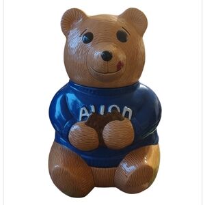 Vintage Avon Brown Bear Cookie Jar with Blue Sweater